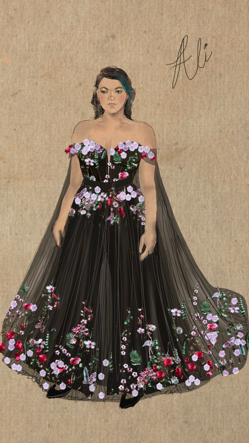 Off-Shoulder Floral Ballgown with Sheer Cape