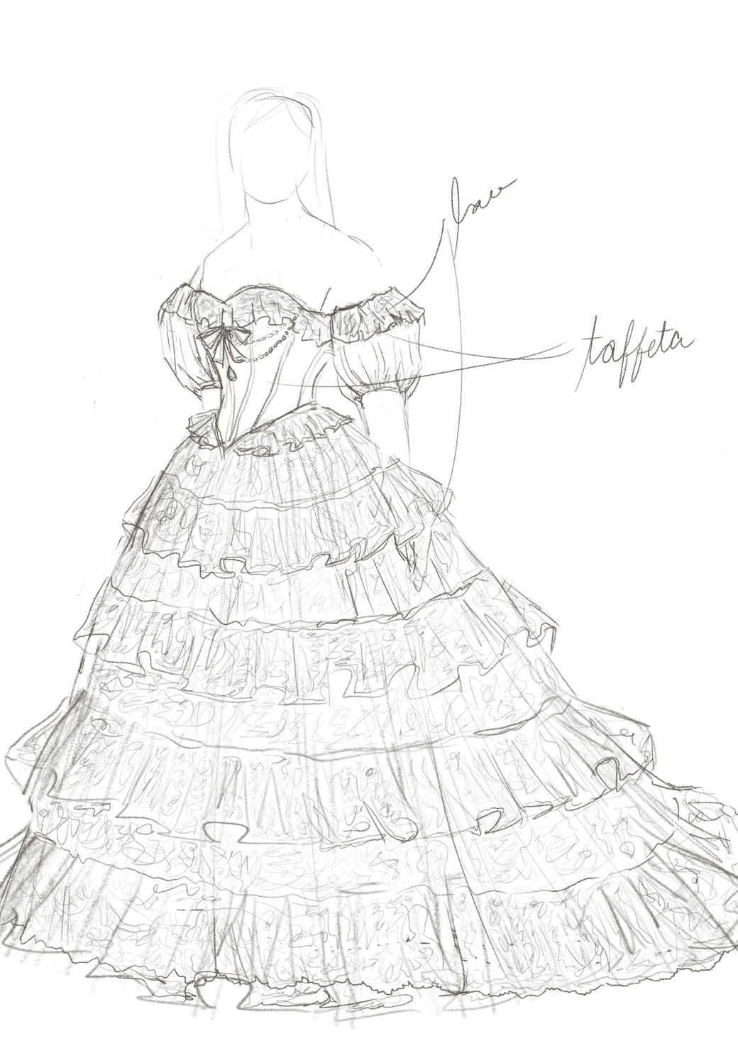 Off-Shoulder Taffeta Gown with Tiered Ruffle Skirt
