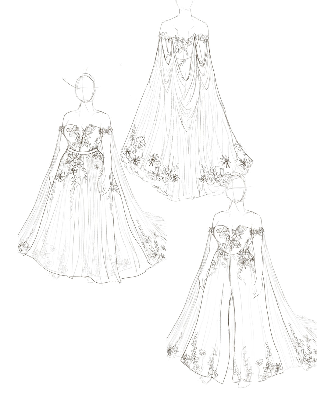 Strapless Floral Appliqué A-Line with Flowing Cape